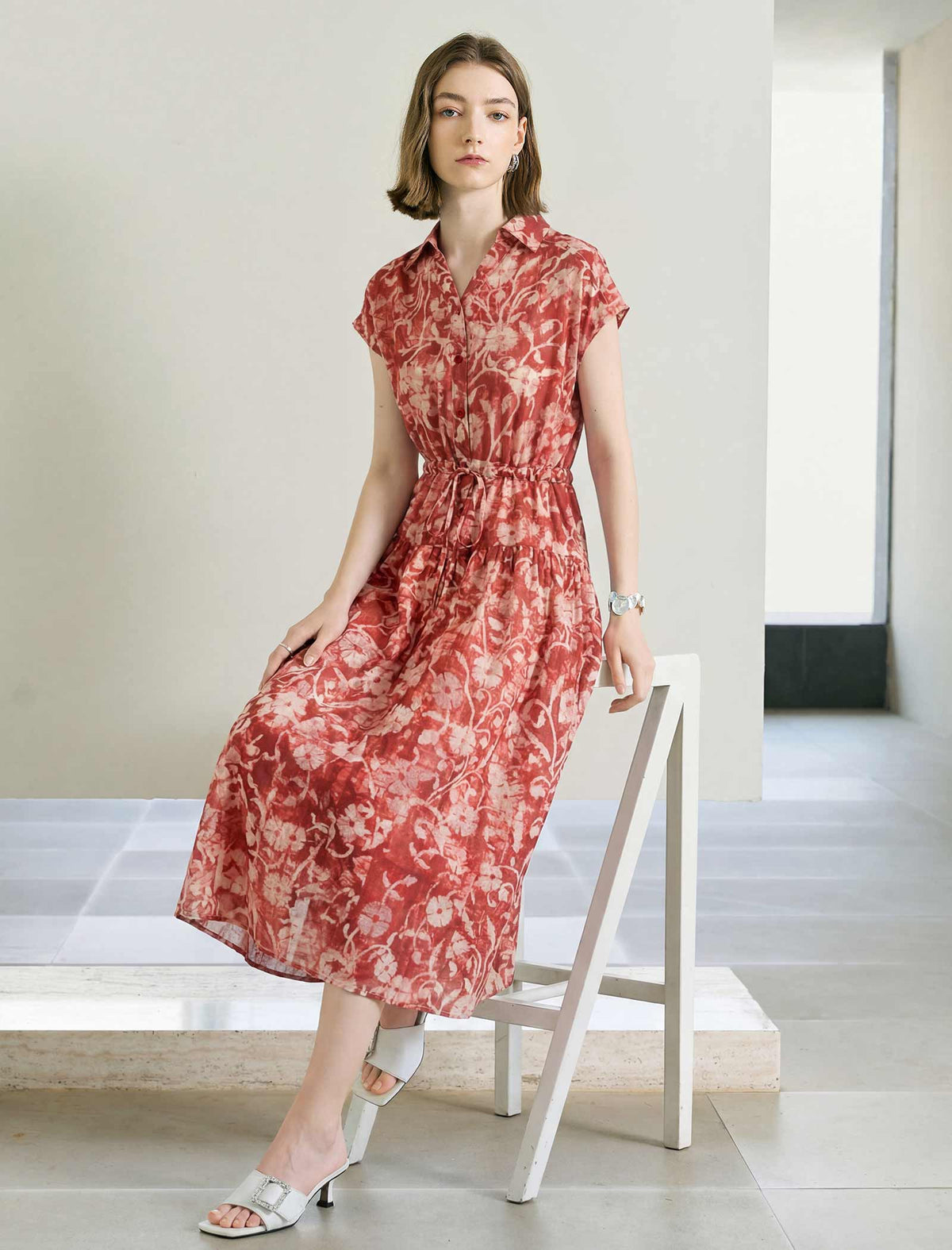 Rust Red Tie-Dye Floral Print Button-Down Midi Shirt Dress