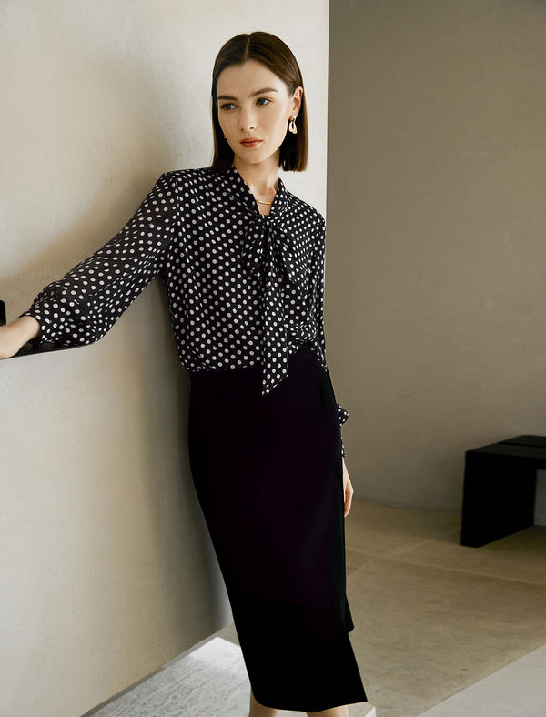 100% Mulberry Silk Bow Tie Neck Print Blouse