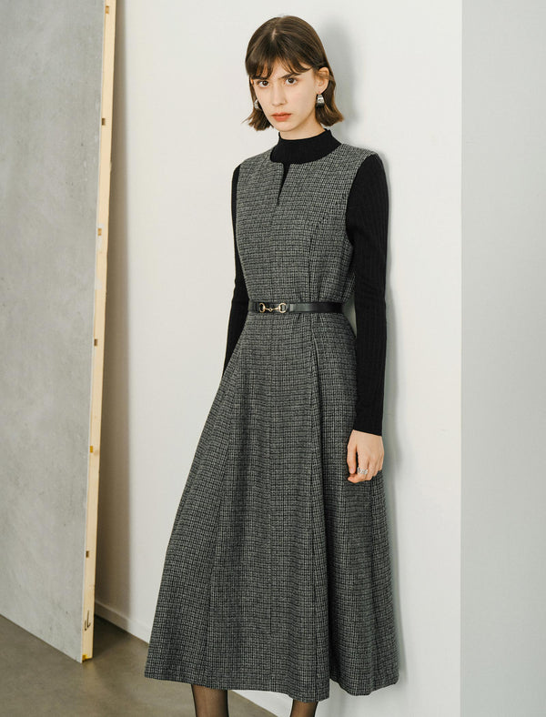 Wool Plaid Round Neck Sleeveless Vintage Midi Dress