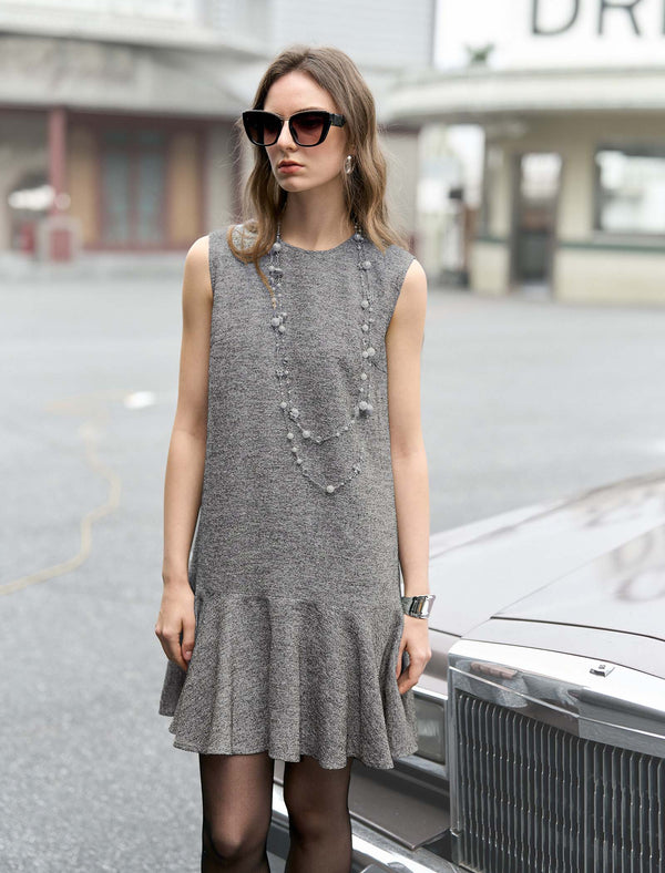 Heathered Mixed-Yarn Sleeveless Ruffle-Hem Dress