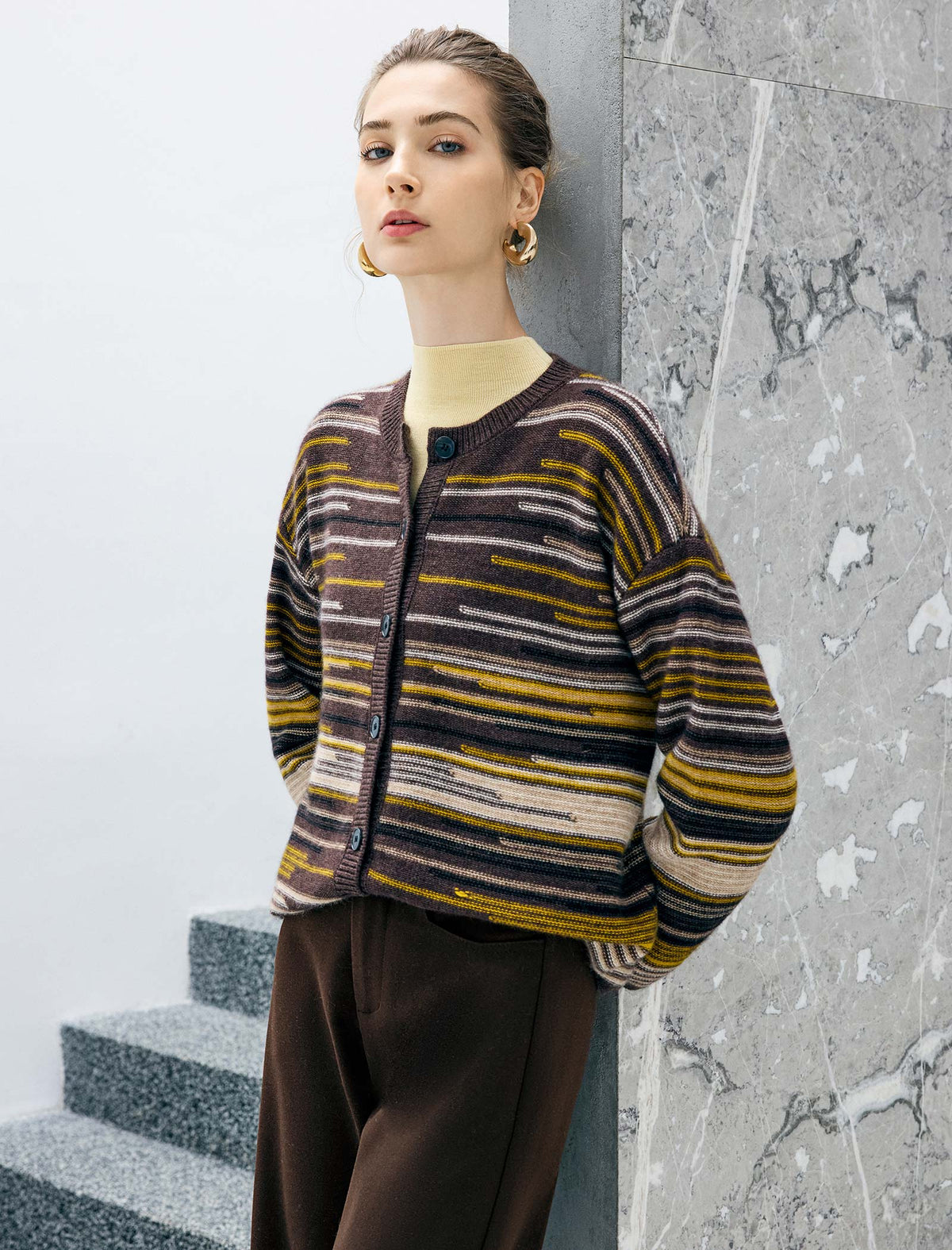 Wool Blend Striped Drop-Shoulder Button Cardigan