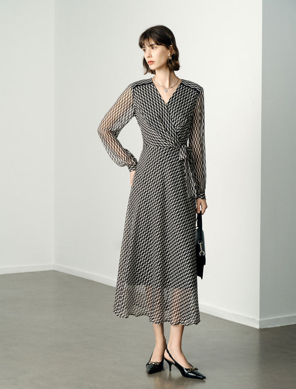 Checkered Wrap V-Neck Midi Dress