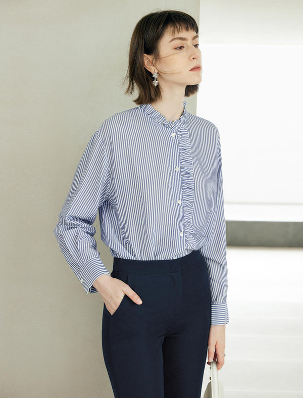 Blue Striped Tencel Minimalist Long-Sleeve Shirt