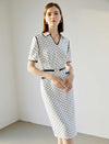 V-Neck Polka Dot Waist-Cinched Fitted Dress