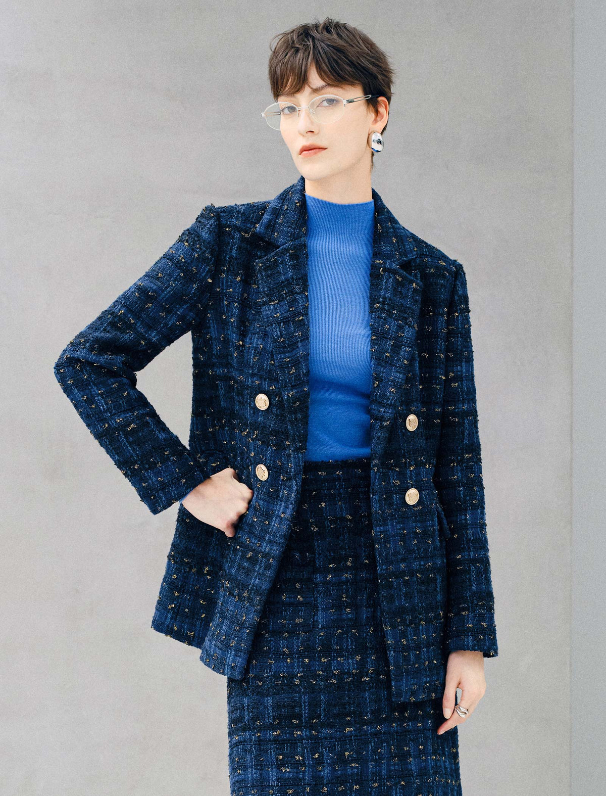 Metallic Plaid Double Breasted Blazer