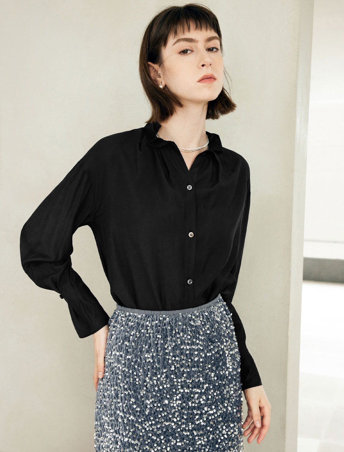 Ruffle Collar Long Sleeve Button Front Blouse