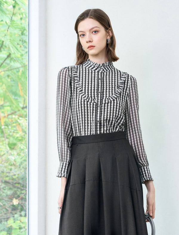 Chiffon Checkered Ruffle Detail Blouse