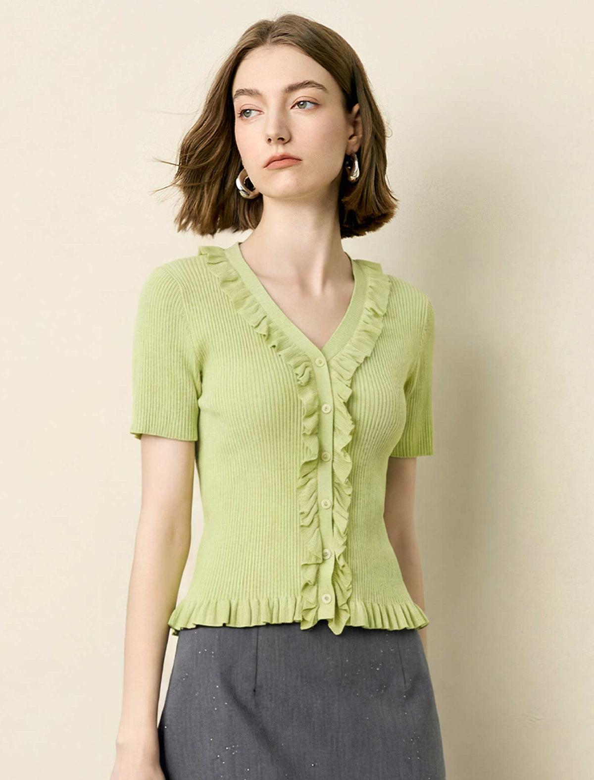 Ruffled V‑Neck Short‑Sleeve Cardigan