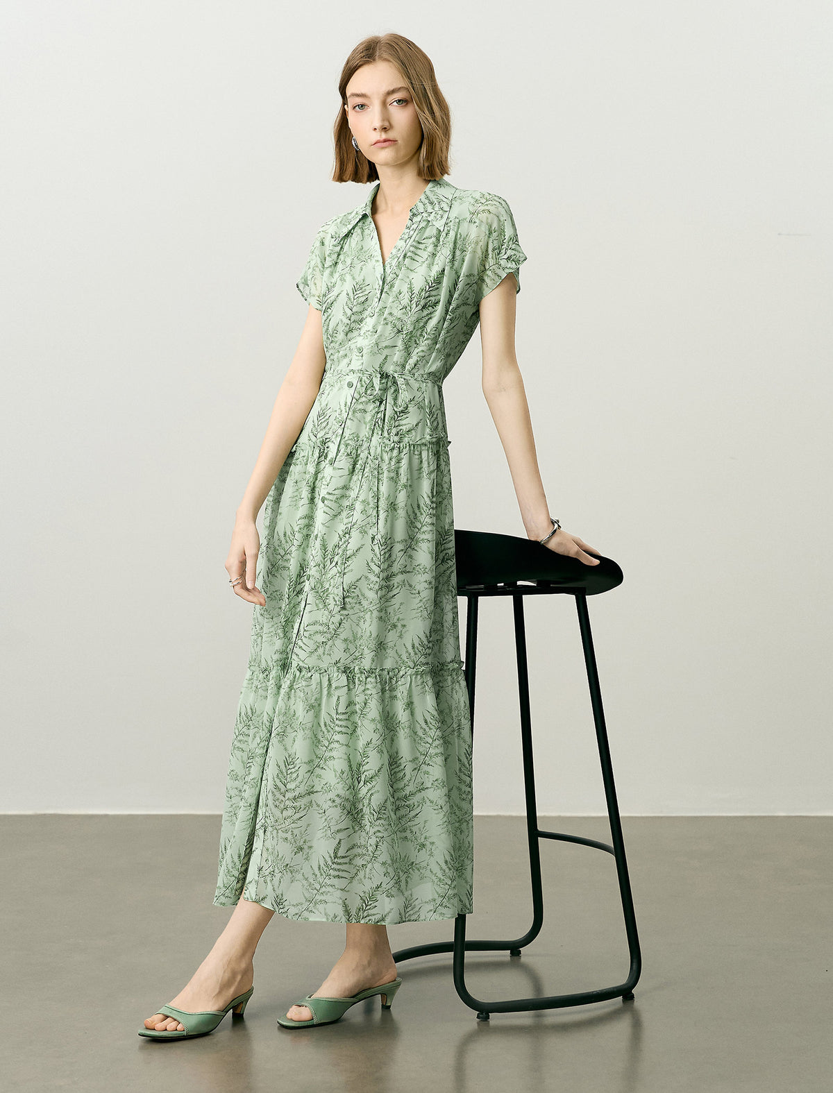 Plant Print Tiered Shirt Dress