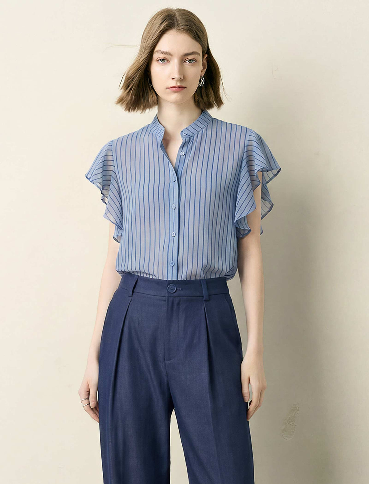 Stand‑Collared Striped Ruffle Short‑Sleeve Blouse