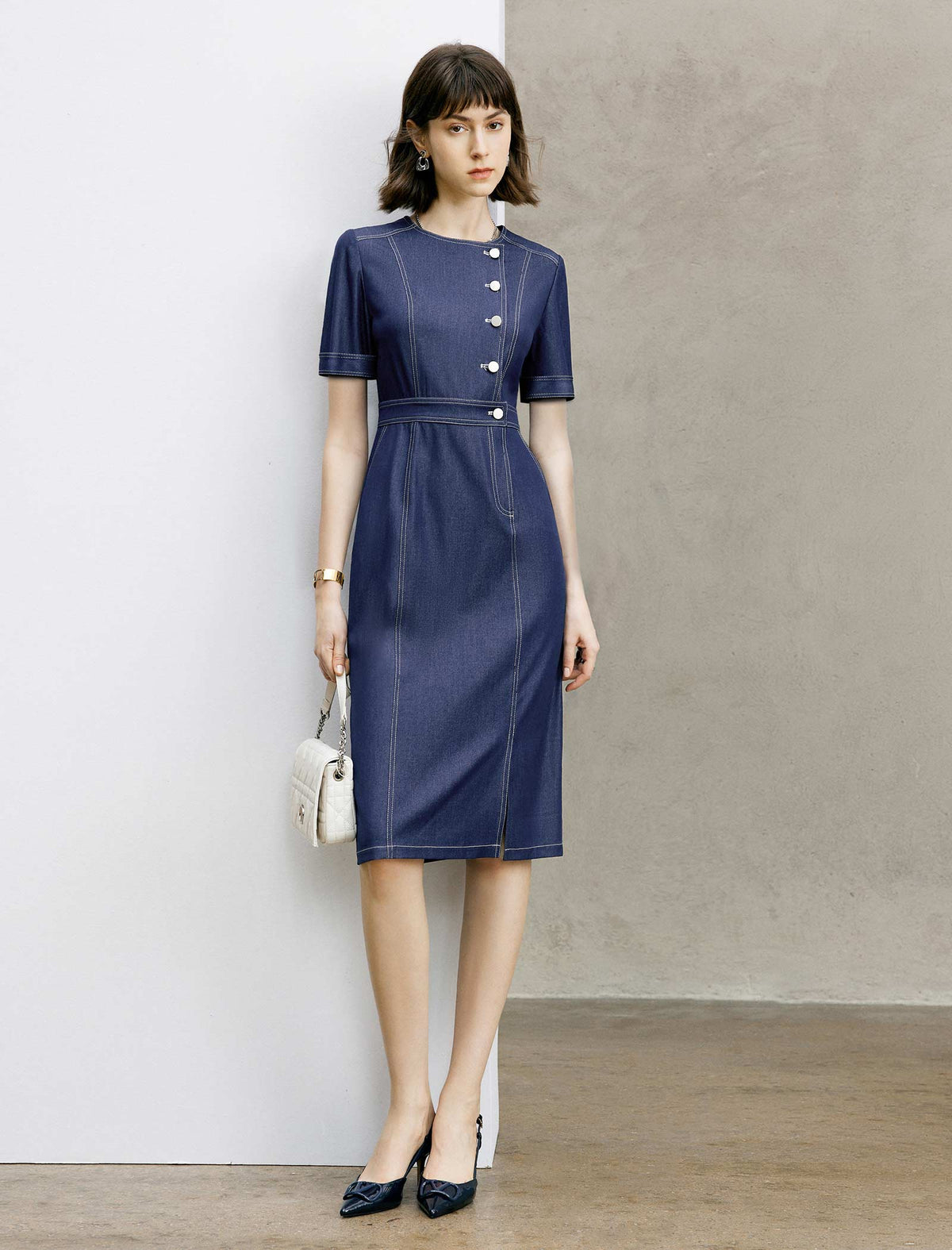 Denim Button Detail Short Sleeve Dress