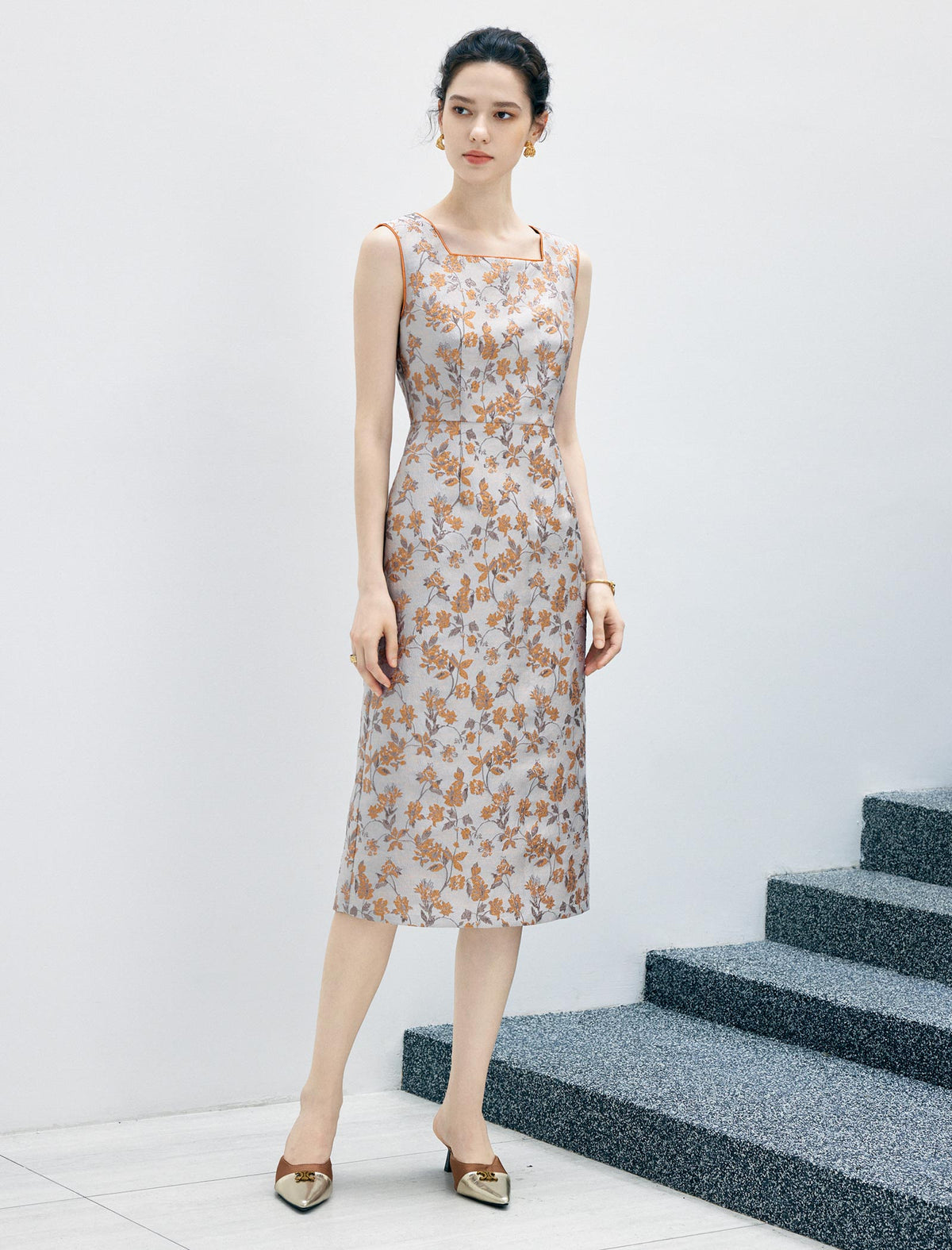 Floral Sleeveless Square-Neck Midi Dress