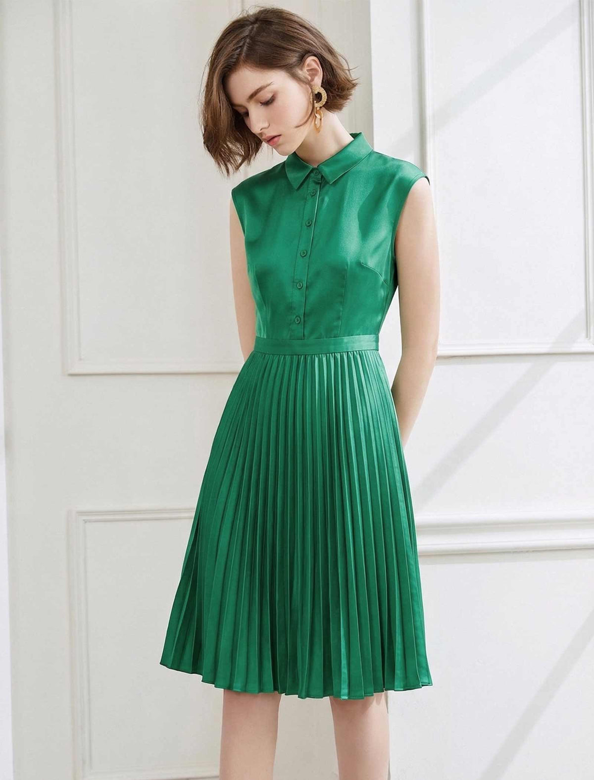 Shirt Collar Pleated A-Line Dress