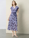 Blue Floral Print V-Neck Midi Dress