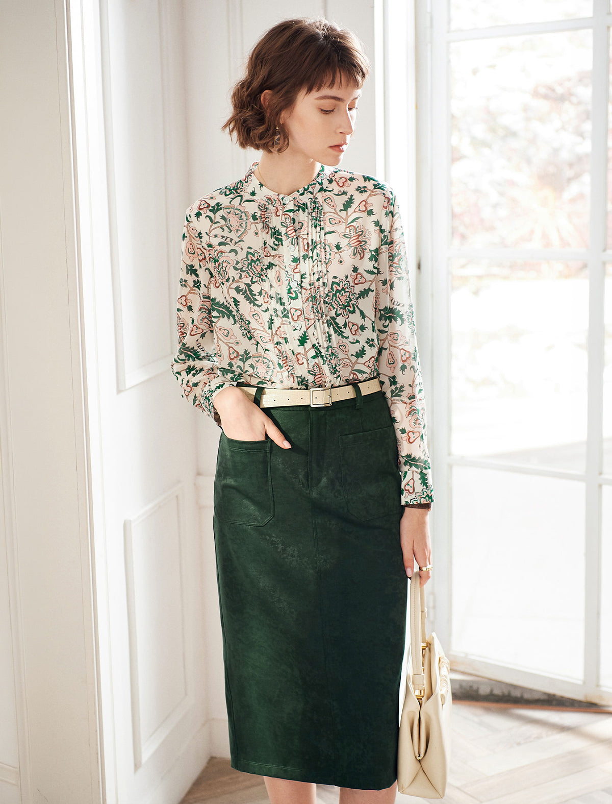 Floral Gathered Detail Mock-Neck Blouse