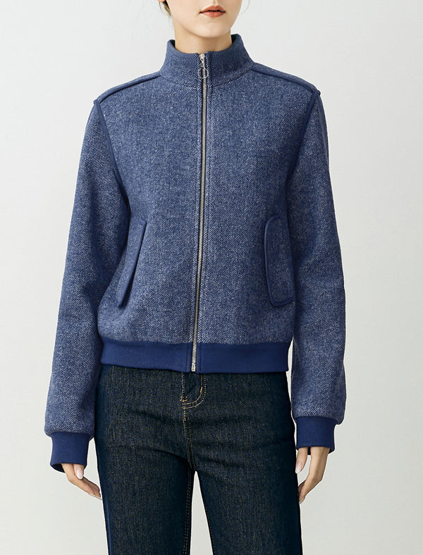 Blue Wool-Blend Zip-Up Jacket