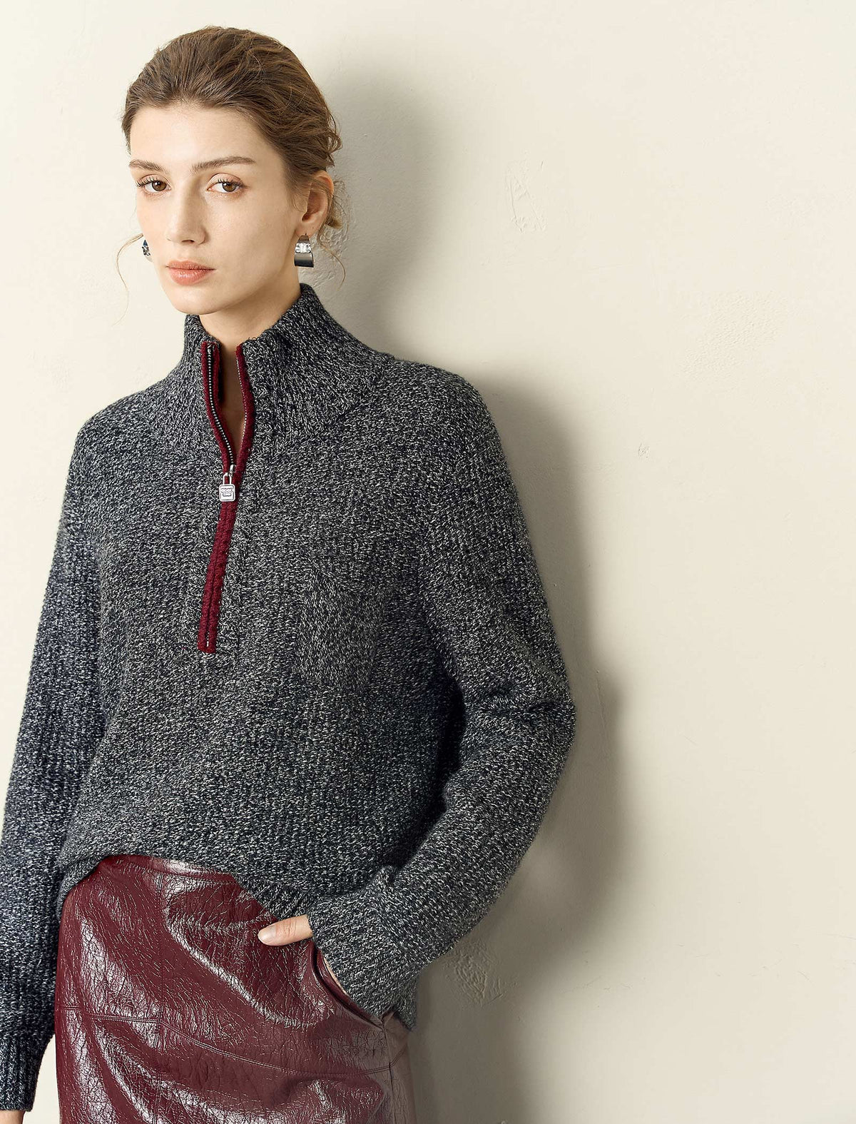 Contrast Trim Half-Zip Mock Neck Sweater