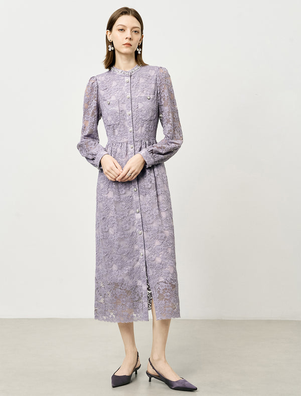 Lace Embellished neckline Pocket Detail Midi Dress