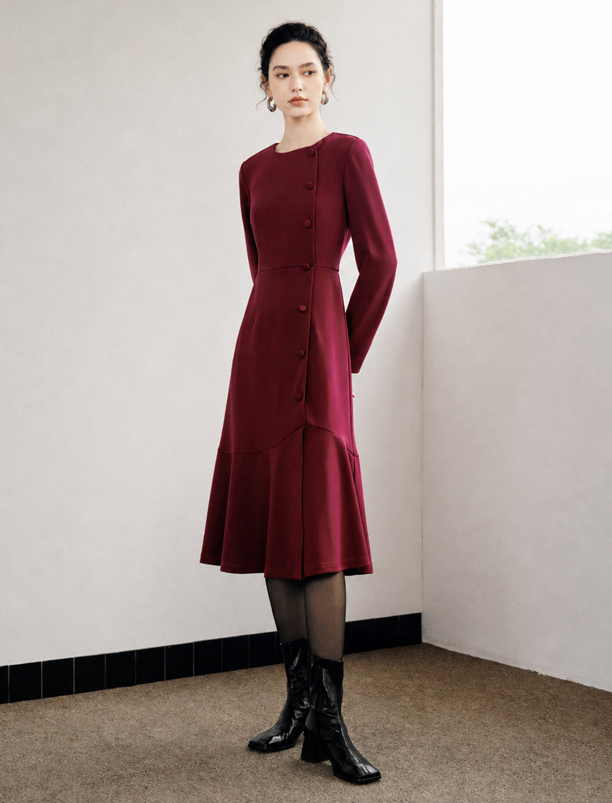 Red Long-Sleeve Button-Detail Flounce-Hem Midi Dress