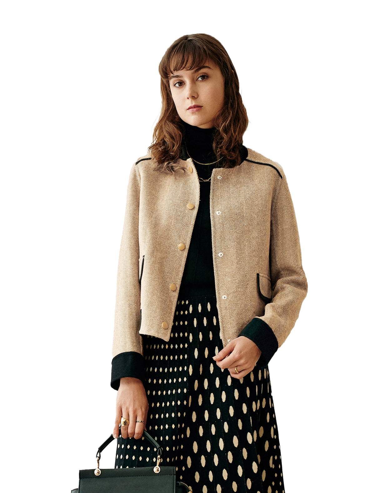 Wool Blend Herringbone Stand-Collar Relaxed Jacket