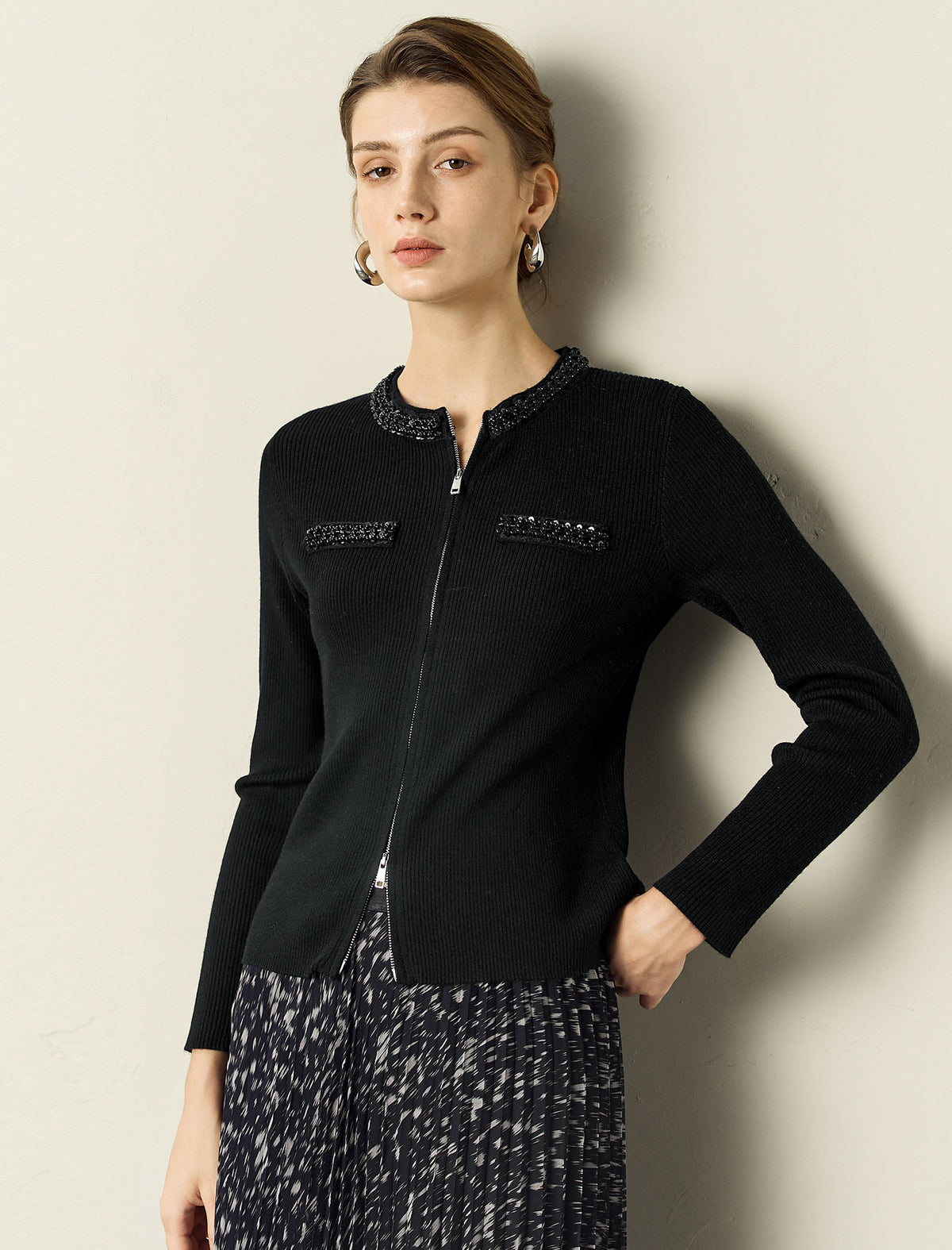 Beaded Zip‑Up Knit Cardigan