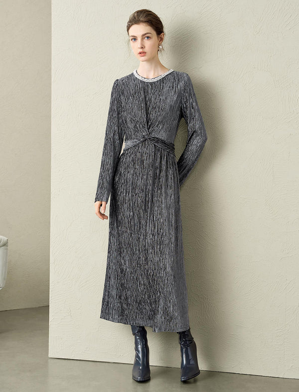 Velvet Waist-Defining Long-Sleeve Dress