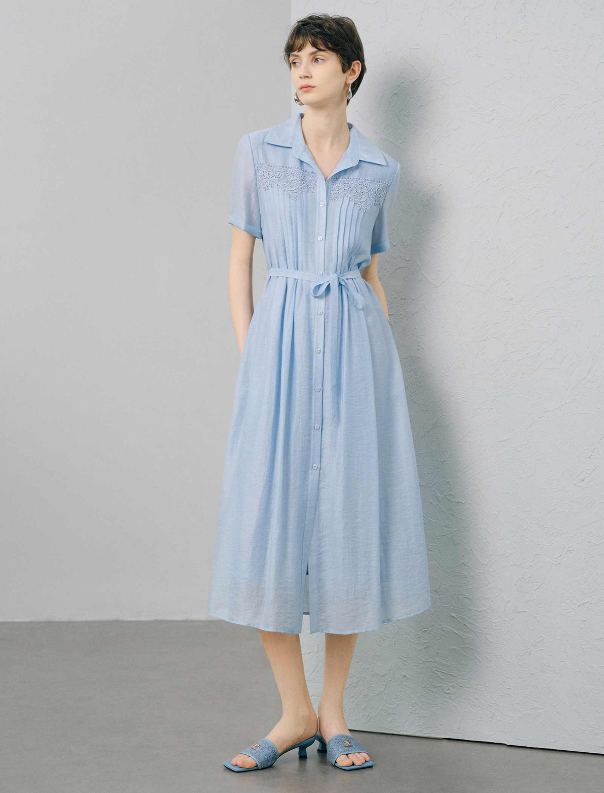 Light Blue Tencel Linen Blend Lace-Trimmed Shirt Midi Dress