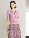 Contrast Trim Textured Knit Polo Short Sleeve Top