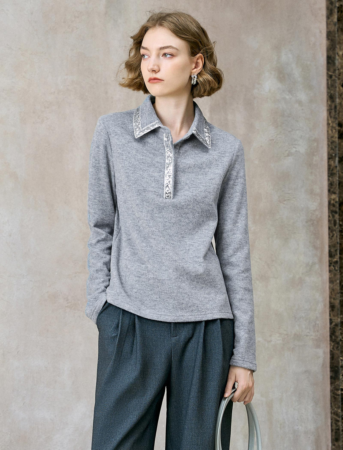 Sequin Trim Wool-Blend Polo Top