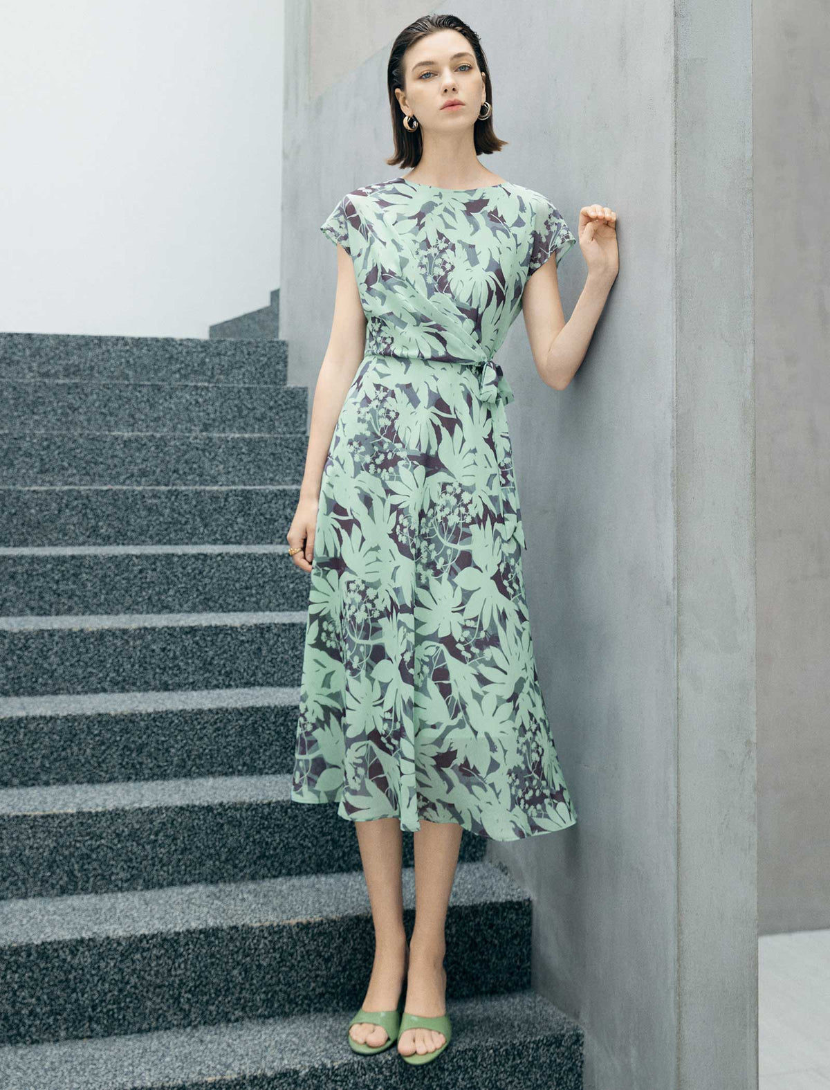 Mint Green Leaf Print Tie Waist Midi Dress