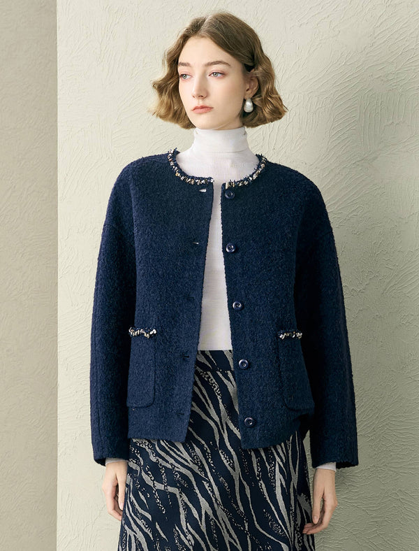 Tweed Wool-Blend Embellished Trim Jacket