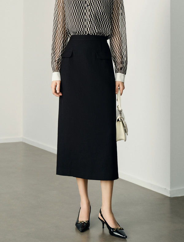 Back Slit Pocket Detail Midi Pencil Skirt