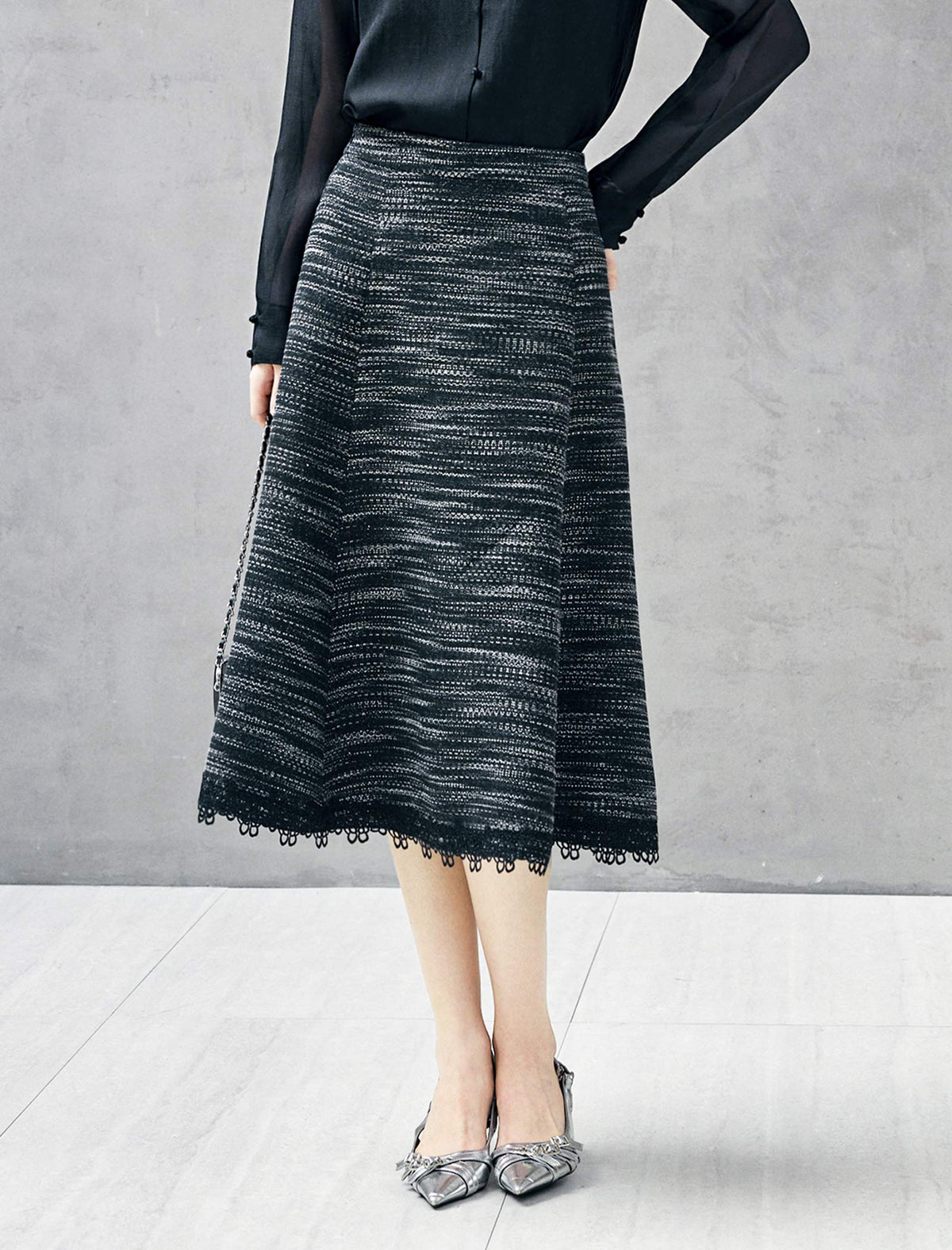 High Waist Lace‑Trim A‑Line Midi Skirt