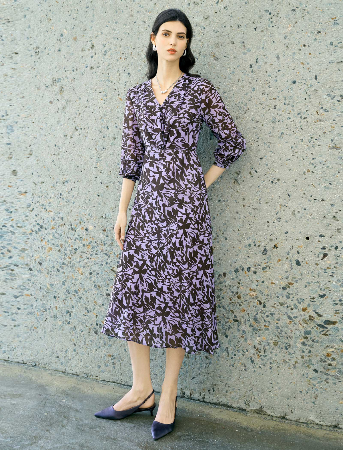 Lavender And Brown Floral Print Midi Dress