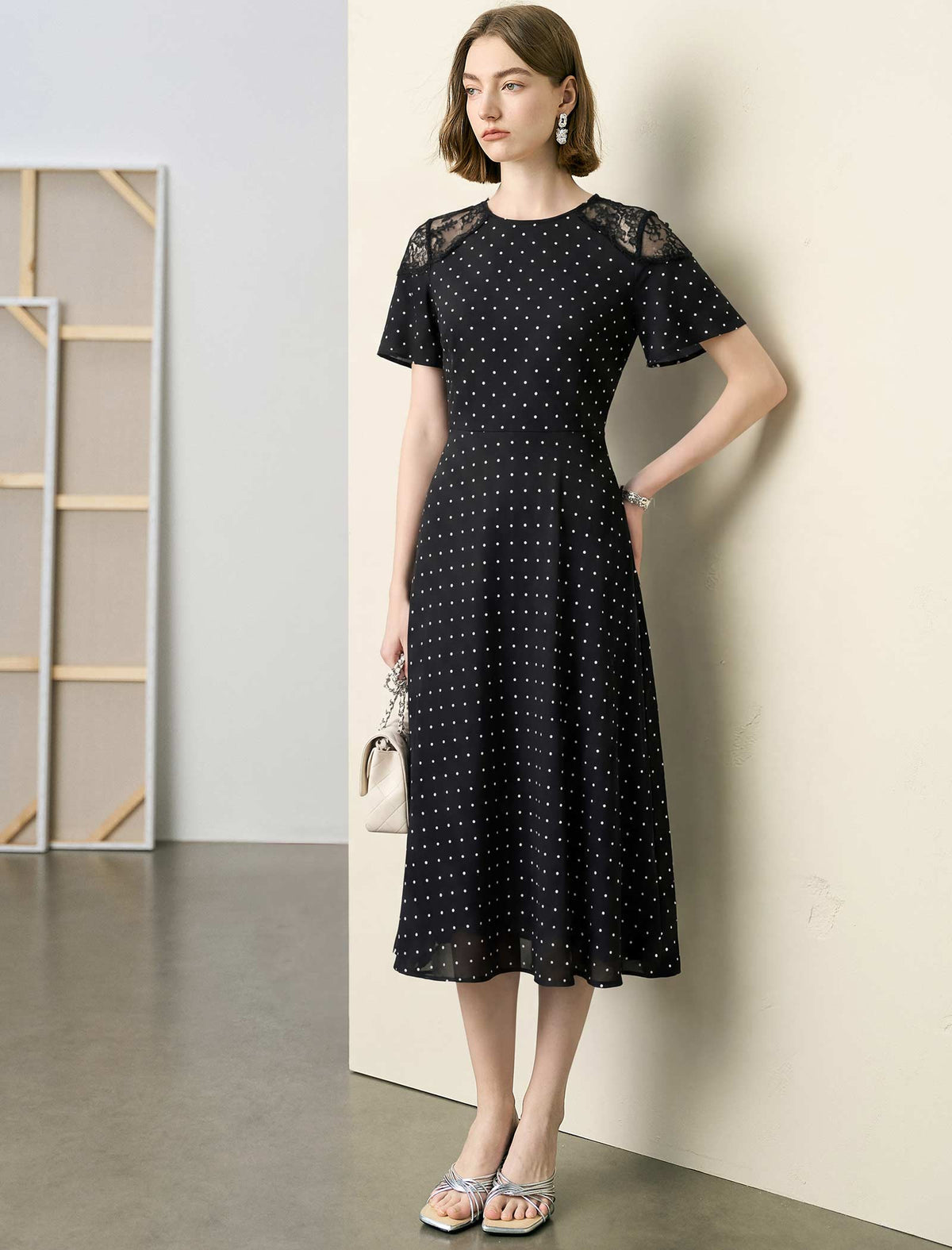 Black Polka Dot Lace-Shoulder Midi Dress