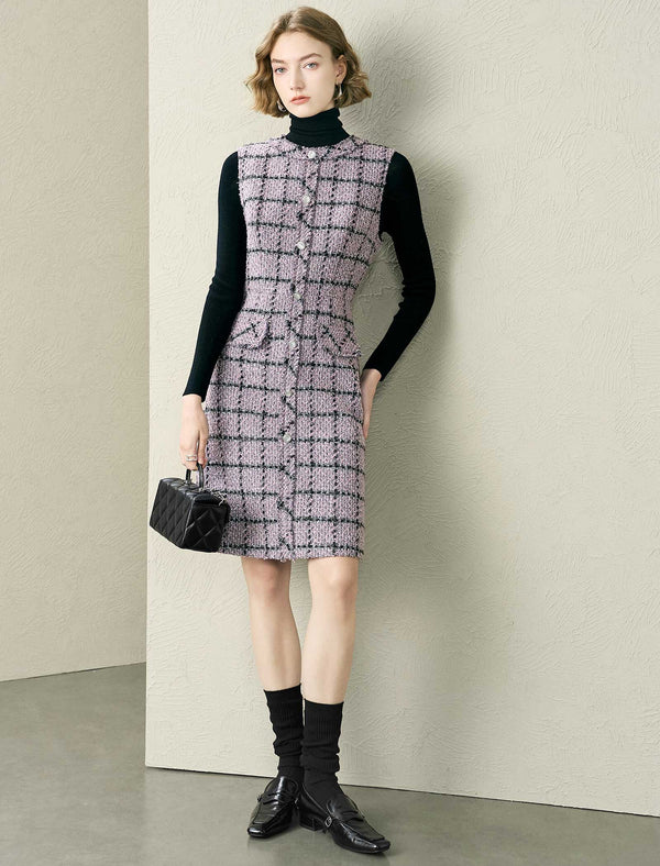 Tweed Plaid Round Neck Sleeveless Dress