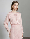 Round‑Neck Pleated Satin‑Finish Blouse