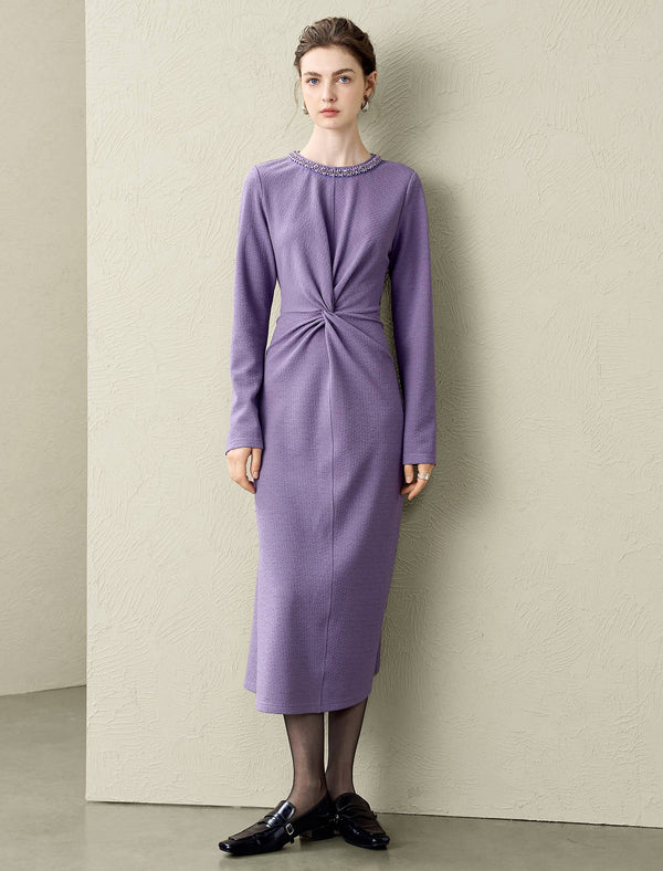 Lavender Beaded Neckline Twist Detail Midi Dress