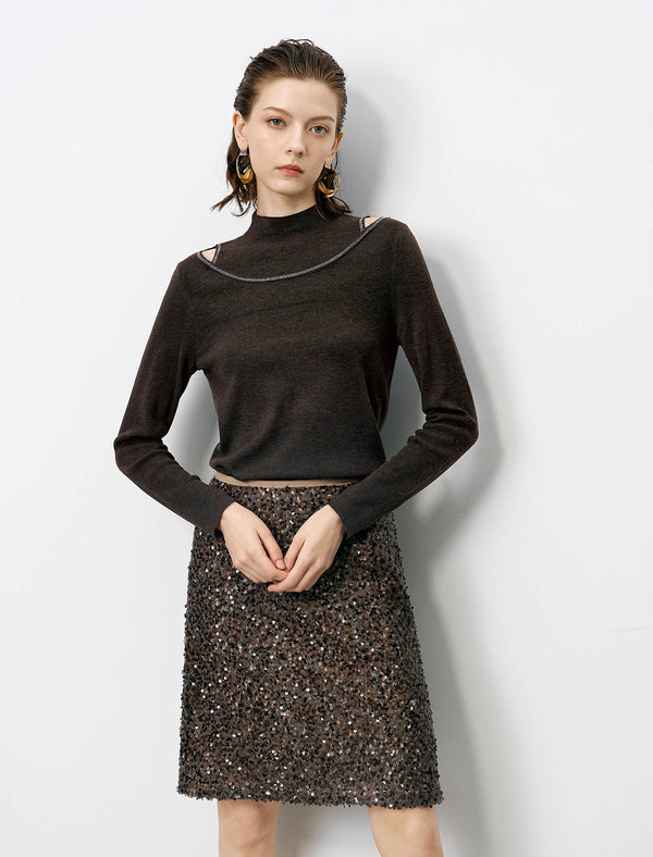 Slim Fit Cutout High Neck Long-Sleeve Knit Top