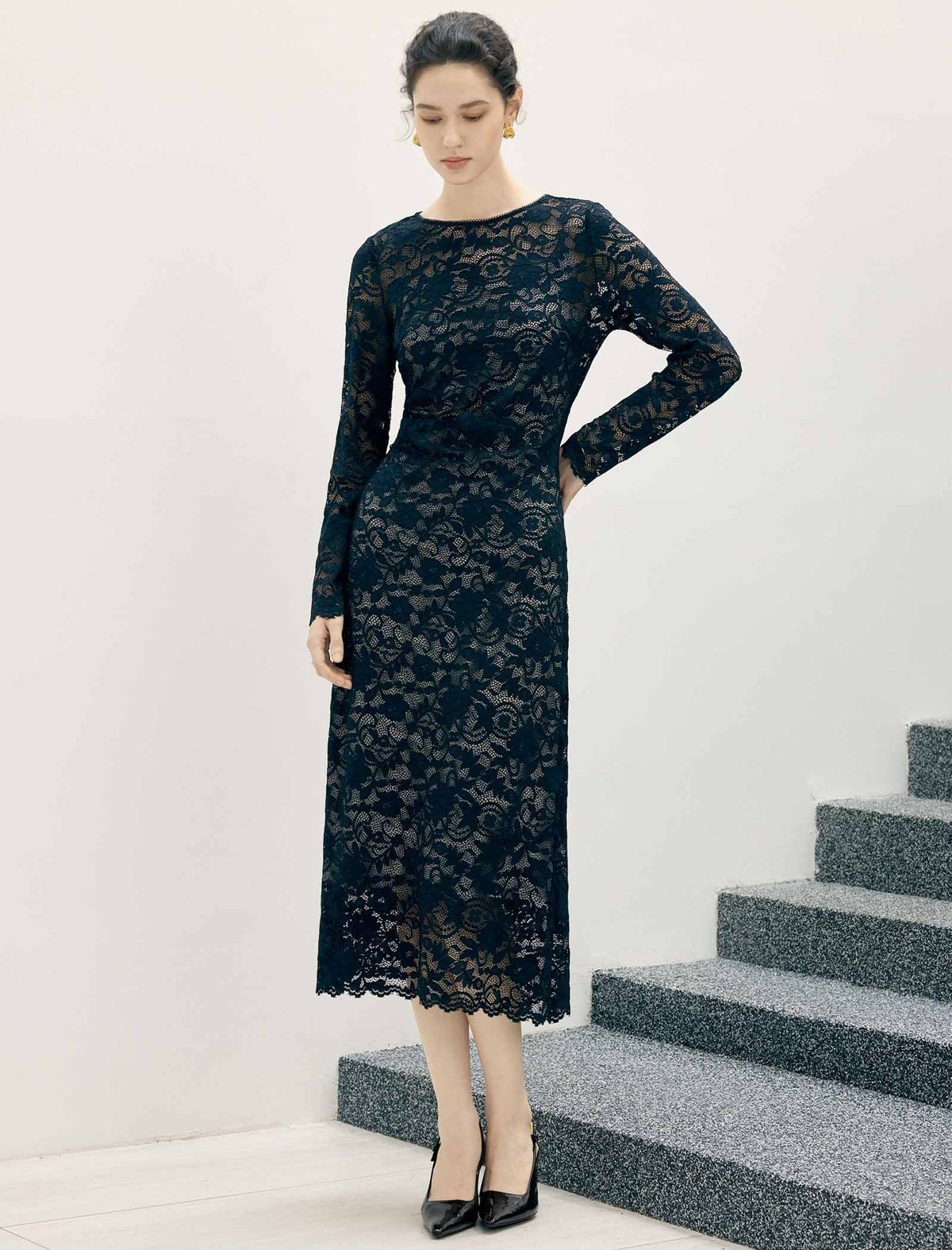 Floral Lace Scalloped Long Sleeve Midi Sheath Dress