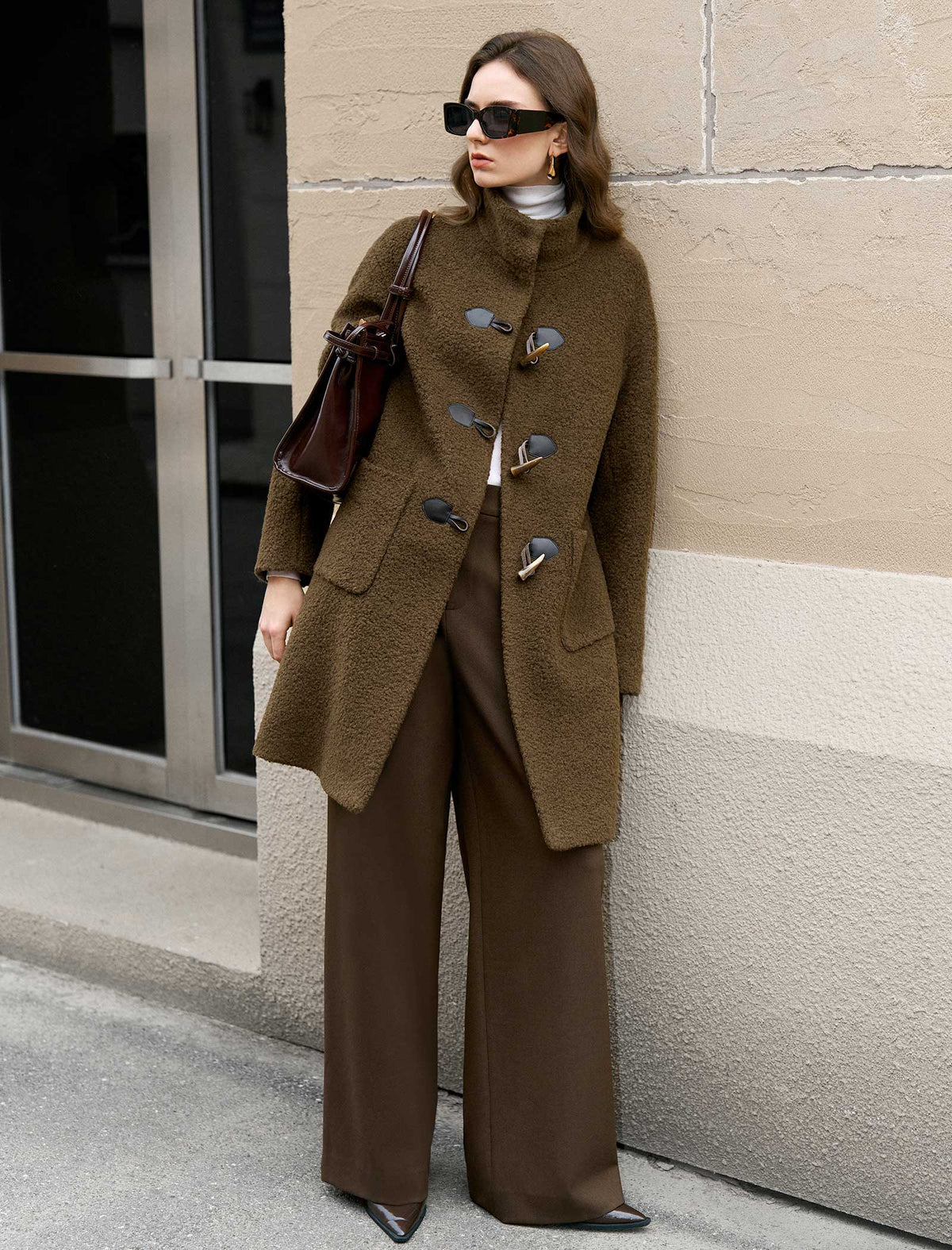 Brown Wool-Blend Toggle Coat