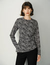 Ink-Print Round Neck Waist-Defining Long-Sleeve Blouse