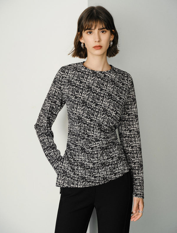 Ink-Print Round Neck Waist-Defining Long-Sleeve Blouse