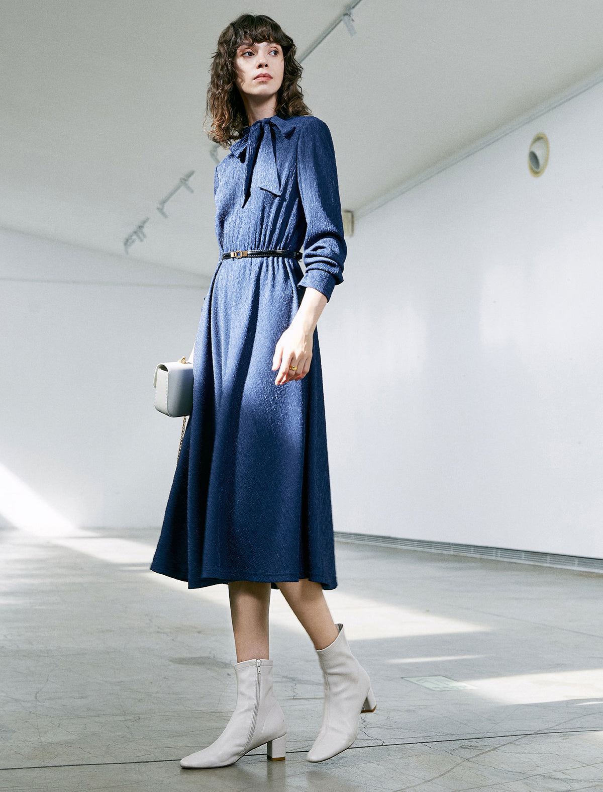 Solid Long Sleeve Belted Straight-Fit Dress