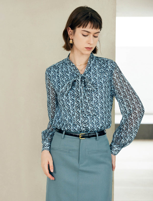 Geometric Print Bow Tie Blouse