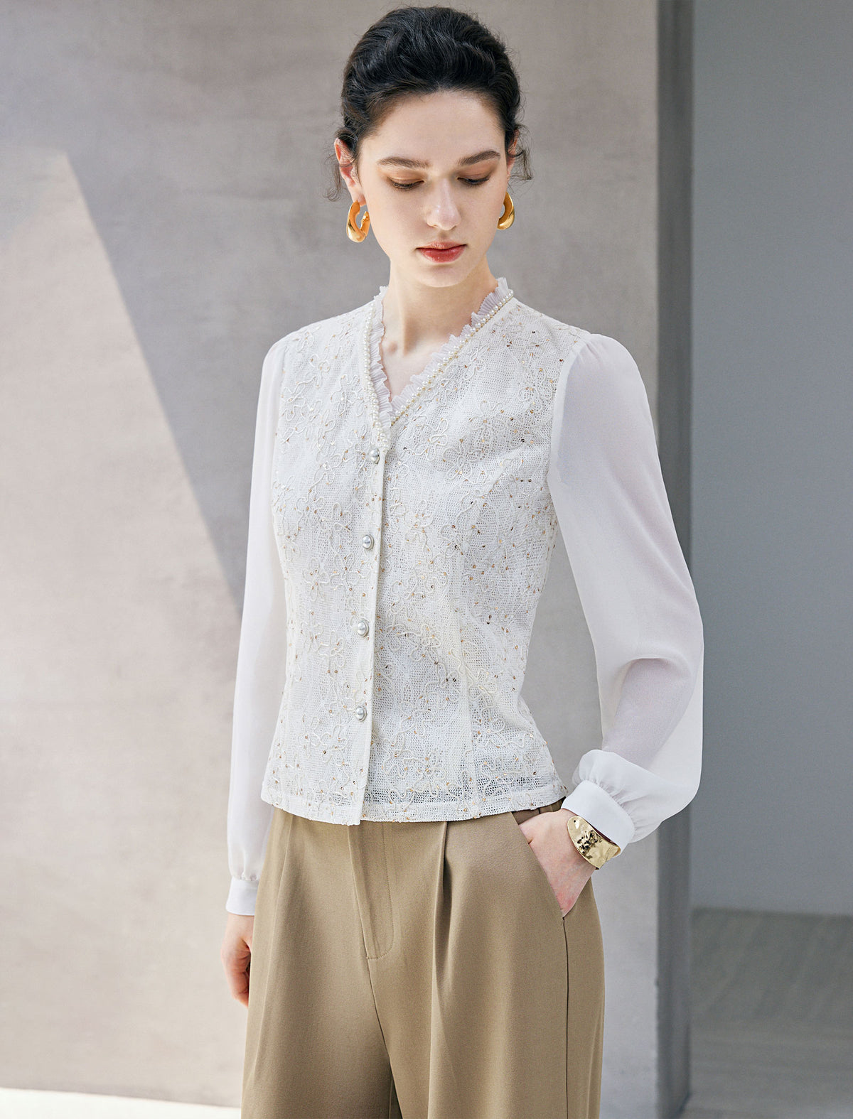 Pearl Beaded V Neck Sequin Lace Blouse
