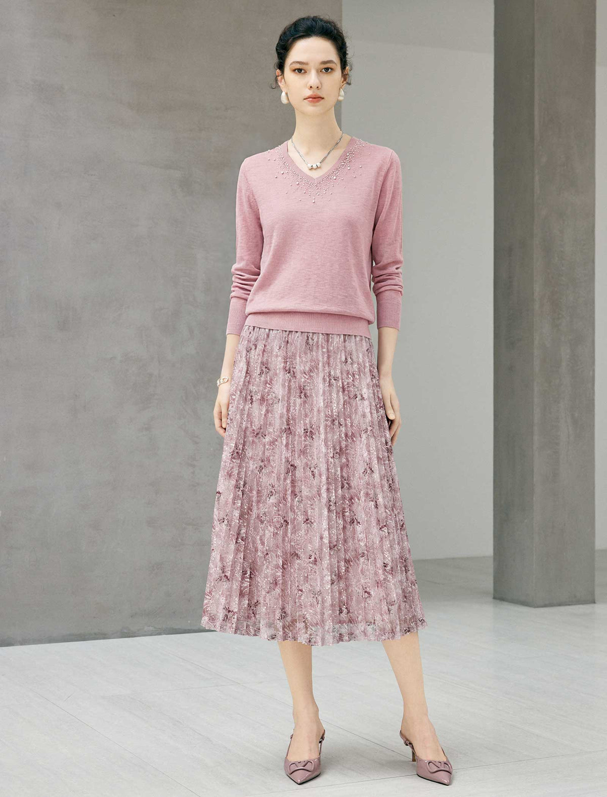 Dusty Pink Lace Pleated Midi Skirt
