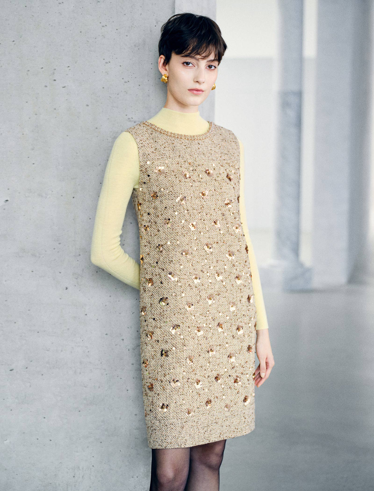 Sequin Textured Beaded Neck Sleeveless Shift Dress