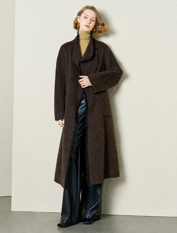 Textured Wool-Alpaca Blend Fringe Detail Wrap Coat