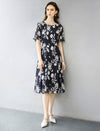 Black Base White Floral Silk Midi Dress